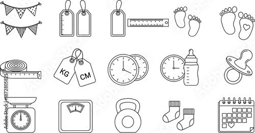 Baby milestone measurement icons set with footprints, scales, pacifier, bottle, ruler, tags, weights, and calendar symbols