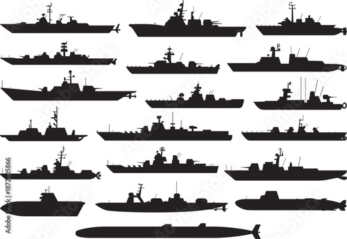 Military warship silhouettes set, naval vessel icons, destroyer frigate cruiser patrol boat submarine vector, black ships collection isolated