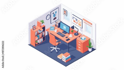 Isometric illustration of a modern office workspace with desk and computer.