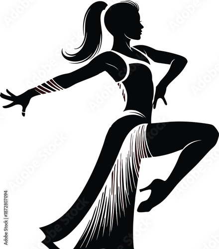 Black silhouette of elegant female Latin dancer in dress, ballroom dance pose, artistic woman performer, salsa and tango dance illustration,