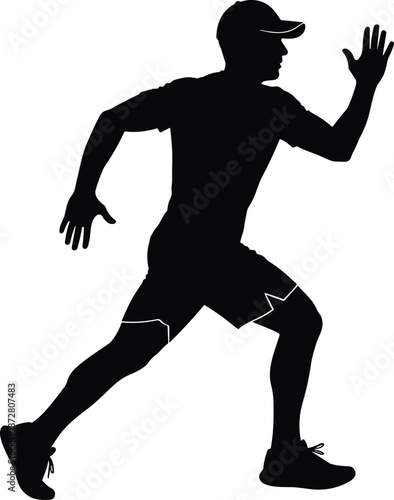 Black silhouette of male runner in cap, athletic man running marathon, sport fitness training, jogger exercising, active healthy lifestyle, vector.