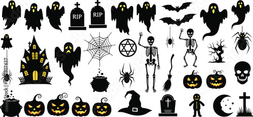 Halloween spooky icon set with ghosts, pumpkins, bats, skeletons, haunted house, spiders, gravestones, and creepy silhouettes for decoration