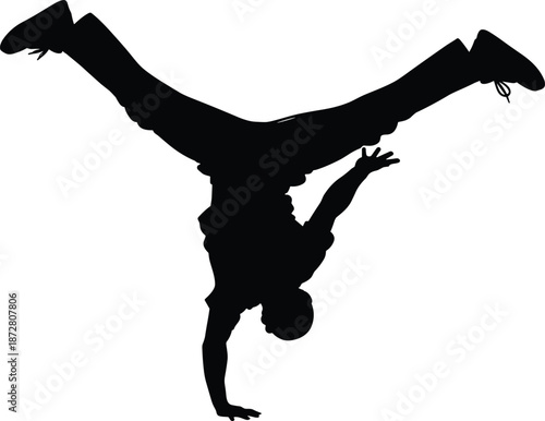 Black silhouette of urban breakdancer performing handstand power move, athletic man street dancing, hip hop culture, energetic gymnastics fitness, (exactly 20 words).
