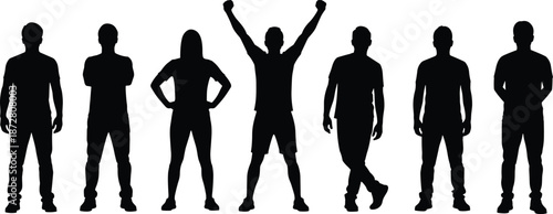 Black silhouette set of diverse people standing in various poses, including successful man with raised arms, isolated on white background.