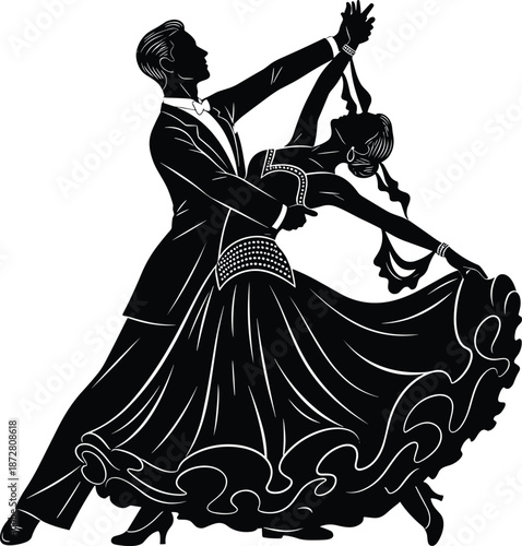 Elegant black and white silhouette of a professional ballroom dance couple performing a graceful waltz or tango for creative design projects, isolated on white.