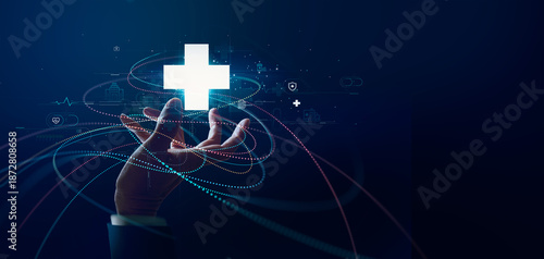 Valokuva Abstract, healthcare and medical, Hand of doctor touching white cross medical, Modern healthcare, facilitated by technology and social media, enables timely and convenient treatment for patients