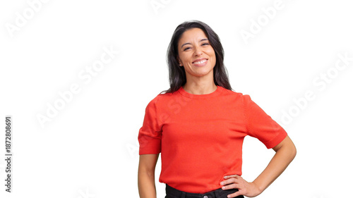 Smiling woman posing looking at camera isolated