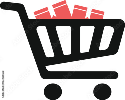 Shopping cart icon with products for ecommerce design. Clean retail symbol representing online purchase and checkout. Suitable for apps, websites, and digital store interfaces.
