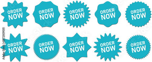 Order Now starburst badge set in clean blue style. Eye catching call to action labels for ecommerce marketing. Ideal for websites, apps, banners, and online store promotions.