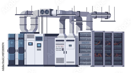 Data center servers and networking equipment in a modern facility.