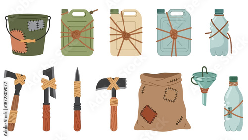 Assorted outdoor tool and gear icons with packs and bottles.