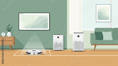 Cozy modern living room with green accents and minimalist decor, peaceful seating area and clean lines.