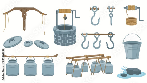 Collection of vintage farm implements and rural machinery including well, buckets, pulleys, and yokes.
