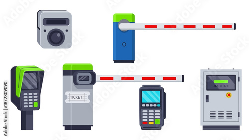 Collection of security and payment terminals with barrier gate and access devices.