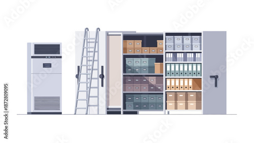 Industrial storage shelves with ladders and neatly organized boxes in a warehouse setting.