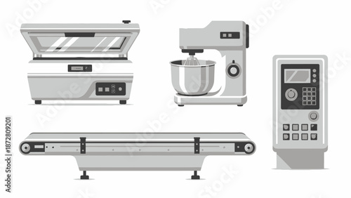 Collection of modern kitchen appliances including oven, mixer, blender, and control panel for home cooking and culinary preparation.