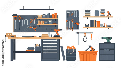 Organized industrial workshop with tools, workbench, and storage on shelves.