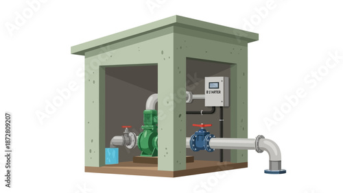 Small green outdoor utility shed with water tap, tools, and containers.