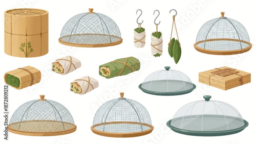 Assorted glass food covers, platters, boxes, and packaging items arranged on a light surface.