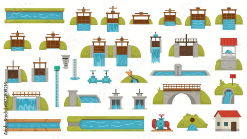 Collection of colorful boats, harbors, docks, and waterfront buildings in a playful flat style for travel and coastal scenes.
