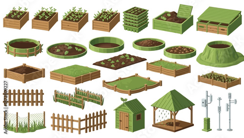 Collection of isometric garden beds, planters, fences, sheds, and outdoor landscape elements in a modular yard scene.