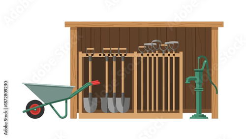 Wooden tool cabinet and workshop display featuring hand tools and racks in a carpentry setup.