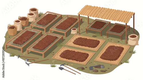 An illustrated traditional village farm with clay pots and shaded plots.