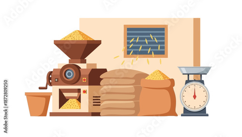 Vintage coffee mill with sacks of grain, scale, and measuring tools in a rustic kitchen scene.