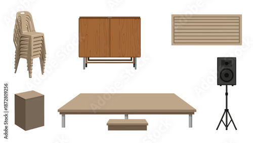 Assorted wooden furniture pieces including chairs, cabinet, bench, and table displayed together in a showroom setting.