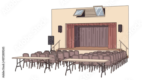 Empty theater auditorium with stage and rows of chairs arranged for performance and rehearsal.