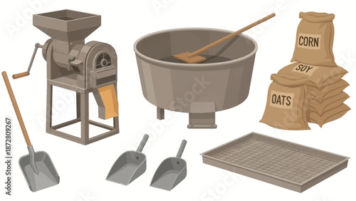 Traditional manual grain milling setup with grinder, pot, and sacks of oats and corn for processing.