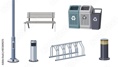Urban street amenities including bench, bins, streetlamp, bollards, bike rack and recycling stations.