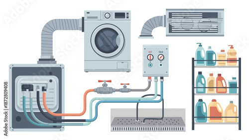 Industrial laundry facility with washers, dryers, plumbing and storage shelves for processing garments.