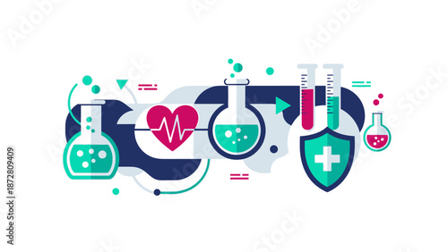 Visual depiction of medical science with laboratory equipment, healthcare icons, and protective shields.