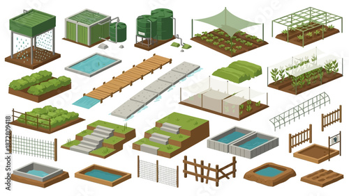 Isometric Collection of Garden, Landscape, and Architectural Elements for Design Projects.
