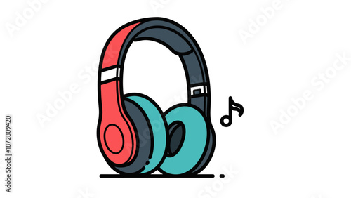 Colorful cartoon headphones with music notes illustration showing audio accessories.