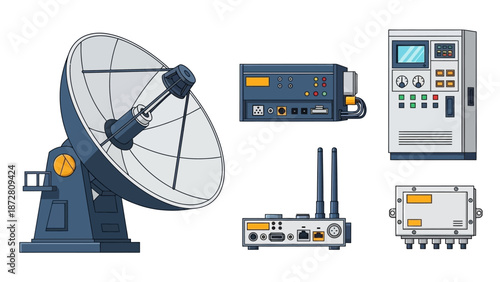 Ground-based satellite communication dish with supporting transmitters and equipment.