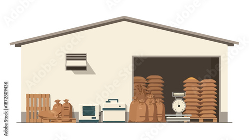 Exterior view of an industrial warehouse with stacked pallets, crates, drums, and loading equipment.