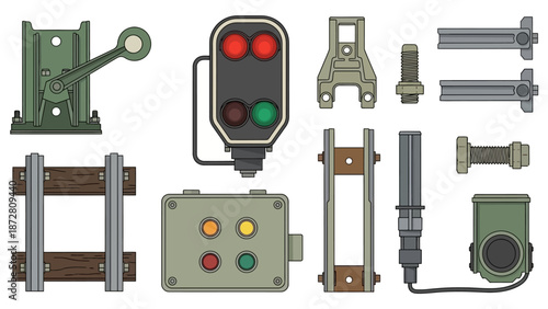 Assorted industrial hardware and mechanical components including gears, switches, pulleys, and brackets.