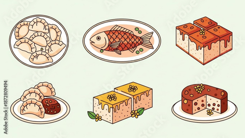 A vibrant digital illustration of various delicious food items including dumplings fish cakes and pastries arranged on plates and a table with a warm beige background