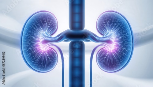 Detailed 3D illustration of human kidneys showing anatomy and urinary system, ideal for medical education, healthcare, and anatomy concepts