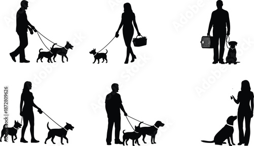  Silhouette collection of people walking dogs on leashes, pet owners with canine companions, animal training, and pet carrier