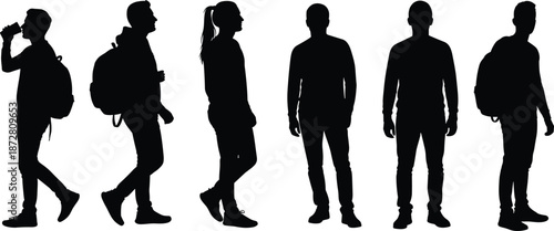 Silhouette collection of young people with backpacks, students walking and standing, casual urban lifestyle, travelers, and youth group icons set.