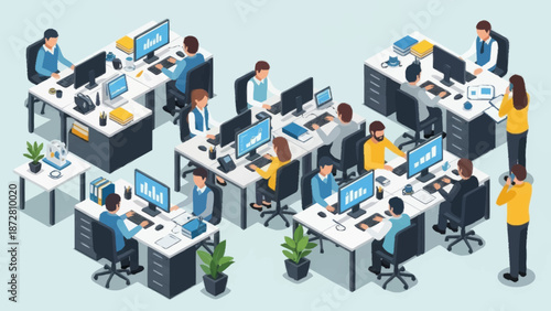 Office workers at their desks in a modern open-plan workspace.