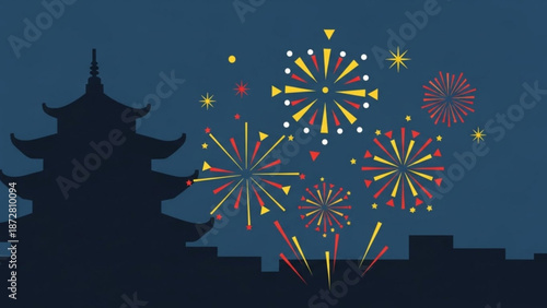 Vibrant fireworks exploding in night sky above traditional asian pagoda silhouette with colorful bursts of red yellow and white sparks on dark blue background