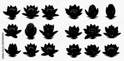 Silhouette Lotus Flower Collection Vector Set with Various Blooming Stages for Botanical Studies and Creative Design Projects Ideal for Print