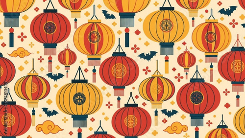 Vibrant halloween themed background with colorful lanterns bats and festive decorations on cream with autumn and fall and spooky and night and mood