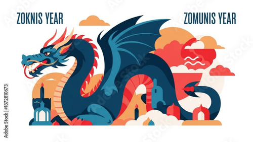 Vibrant illustration of a mythical dragon with fiery mane and tail surrounded by abstract clouds and buildings in shades of blue orange and red on white background