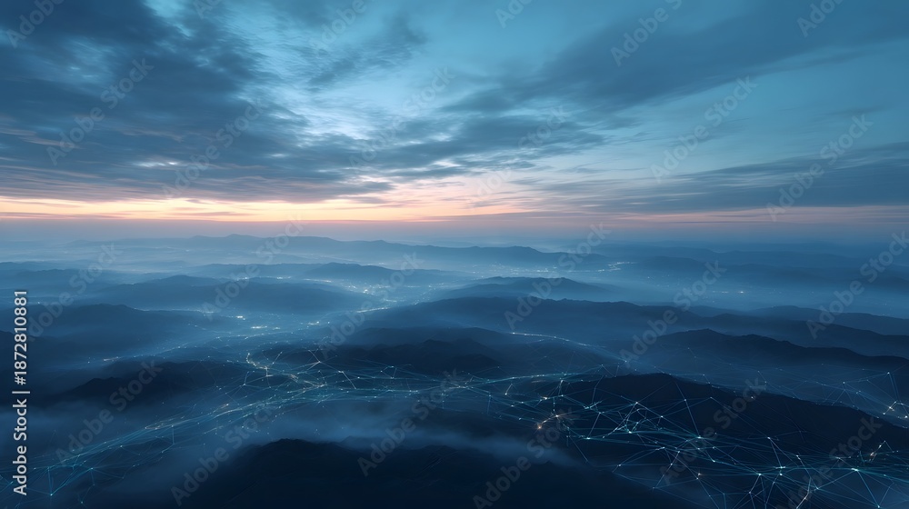 Fototapeta premium Digital connection grid spreads across misty mountain valleys during twilight illuminated by soft lights