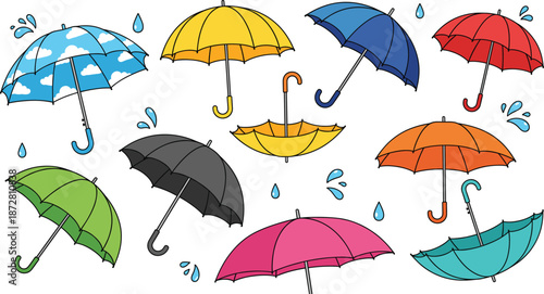 Colorful cartoon umbrellas with raindrops, featuring various shapes and bright colors in a playful rainy weather illustration
